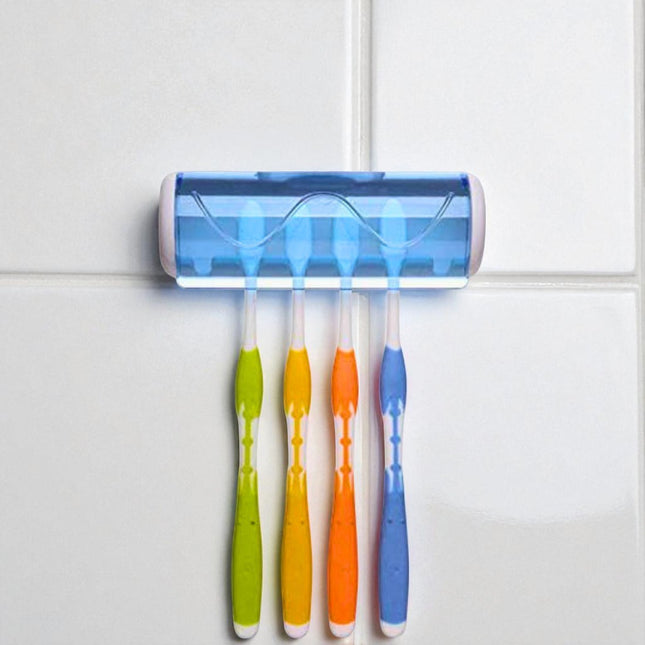 Self-Adhesive Plastic Toothbrush Holder with Cover for Bathroom, 5-Slot Wall Mounted Toothbrush Organizer | BG0004