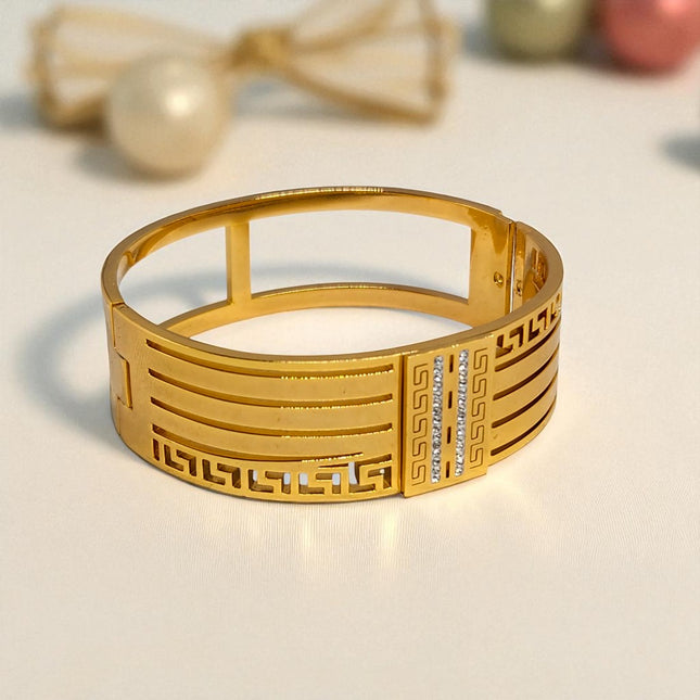 Elegant Anti-Tarnish Gold Plated Bracelet for Women | Stylish Cuff Bangle with Greek Design & Sparkling Stones | BG2061