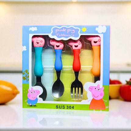 Pink Pig Cute Cartoon Stainless Steel Spoons & Fork Set of 4 for Kids, Colorful Baby Feeding Cutlery | BG0010
