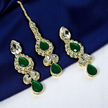 Elegant Kundan and Green Stone Bridal Jewelry Set | Necklace, Earrings & Maang Tikka