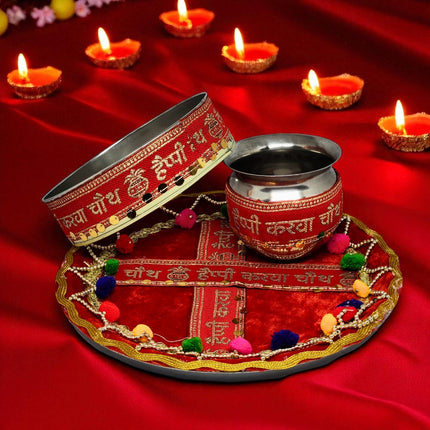 Karwa Chauth Puja Thali Set with Kalash & Channi, Decorative Pooja Thali for Karwachauth