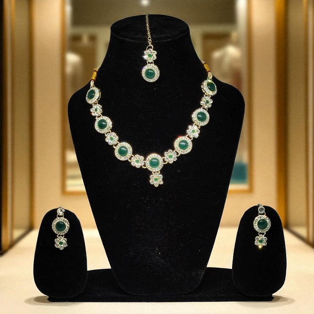 AjaraGems Designer Green Monalisa Necklace Set for Women, Traditional Jewelry with Tikka & Earrings