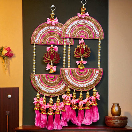 2 FT Long, Set of 2 Decorative Lotus Wall Hanging with Beads & Tassels, Home & Pooja Room Decoration, for Diwali, Navratri & Housewarming