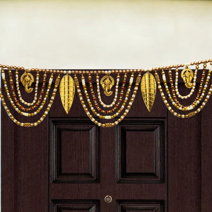 Decorative Beaded Toran with Golden Leaves & Ganesh Design, Door Hanging for Diwali, Navaratri, Festivals & Home Décor