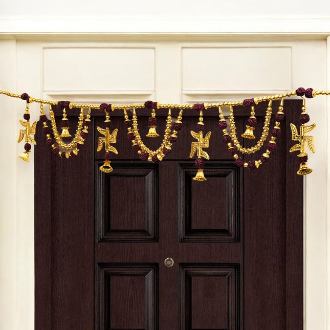 Handcrafted Swastik Toran with Bells & Rudraksha Beads – Perfect for Diwali & Weddings