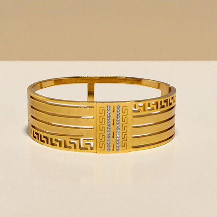 Elegant Anti-Tarnish Gold Plated Bracelet for Women | Stylish Cuff Bangle with Greek Design & Sparkling Stones | BG2061