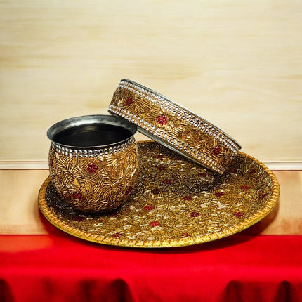 Premium Karva Chauth Thali Set for Pooja, Golden Handmade Work Thali with Lota & Chalni