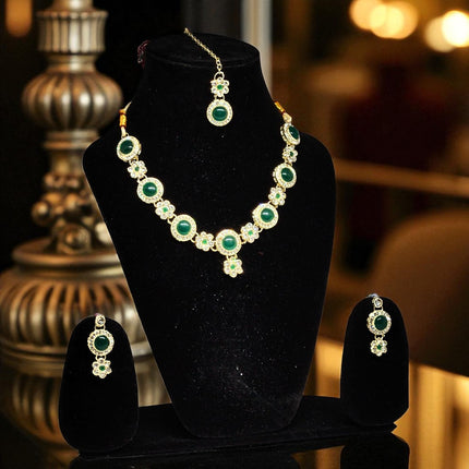 AjaraGems Designer Green Monalisa Necklace Set for Women, Traditional Jewelry with Tikka & Earrings