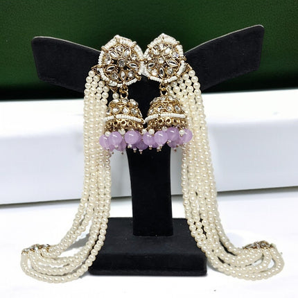 Lavender Traditional Kundan & Pearls Bahubali Chain Jhumka Earring For Women & Girls