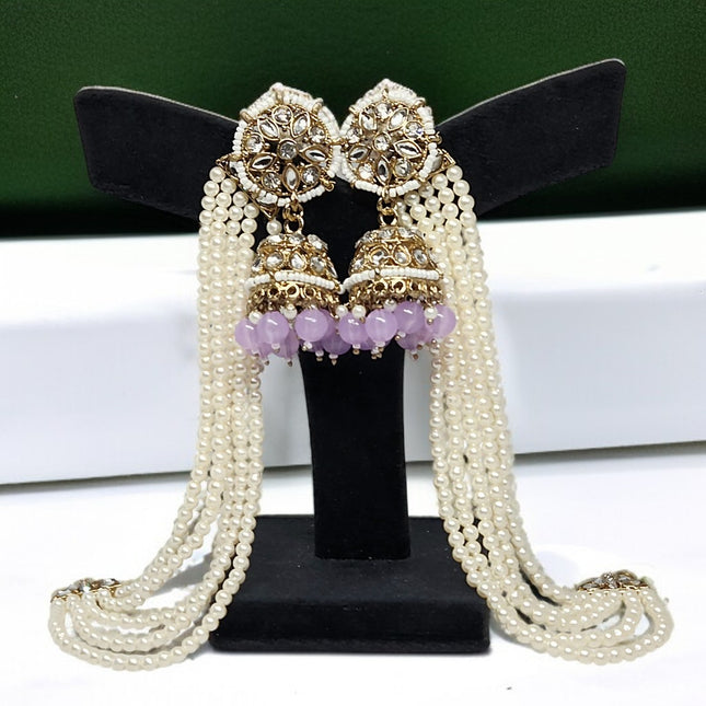 Lavender Traditional Kundan & Pearls Bahubali Chain Jhumka Earring For Women & Girls