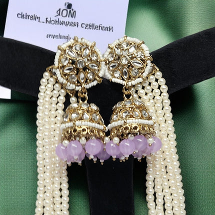 Lavender Traditional Kundan & Pearls Bahubali Chain Jhumka Earring For Women & Girls
