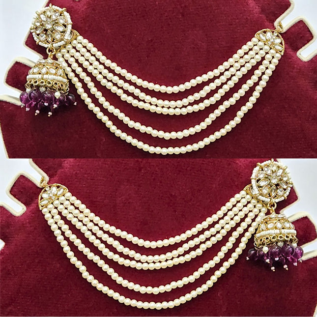 Wine Color Traditional Kundan & Pearls Bahubali Chain Jhumka Earring For Women & Girls