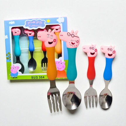 Pink Pig Cute Cartoon Stainless Steel Spoons & Fork Set of 4 for Kids, Colorful Baby Feeding Cutlery | BG0010