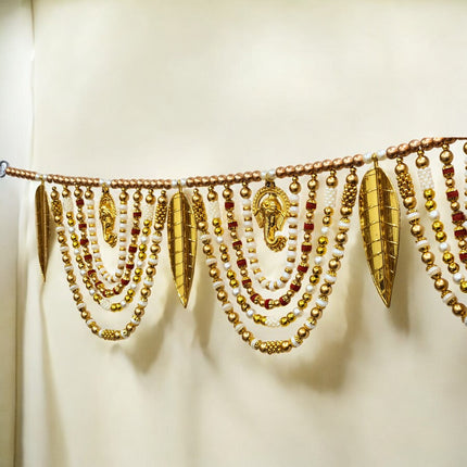 Decorative Beaded Toran with Golden Leaves & Ganesh Design, Door Hanging for Diwali, Navaratri, Festivals & Home Décor