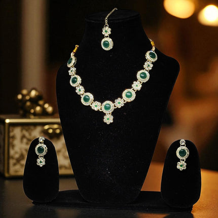 AjaraGems Designer Green Monalisa Necklace Set for Women, Traditional Jewelry with Tikka & Earrings