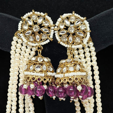 Wine Color Traditional Kundan & Pearls Bahubali Chain Jhumka Earring For Women & Girls