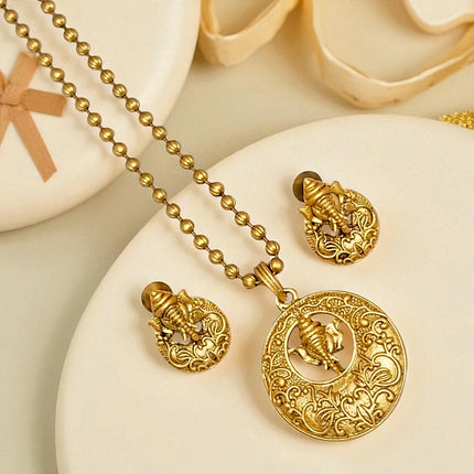 Elegant Rajasthani Traditional Ethnic Wear Copper Brass Ganesh Ganpati Bappa Pendant Necklace Chain Earrings, Ganesh Ji Temple Jewellery