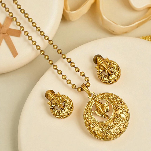 Elegant Rajasthani Traditional Ethnic Wear Copper Brass Ganesh Ganpati Bappa Pendant Necklace Chain Earrings, Ganesh Ji Temple Jewellery