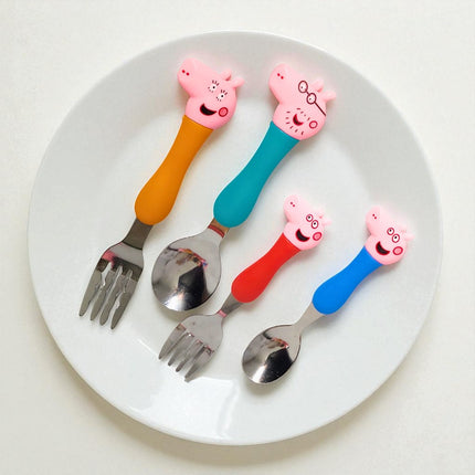 Pink Pig Cute Cartoon Stainless Steel Spoons & Fork Set of 4 for Kids, Colorful Baby Feeding Cutlery | BG0010