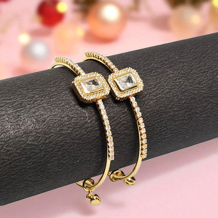 Elegant Gold-Plated Bangle Bracelet Set with Rectangular Stone – Party & Bridal Jewelry