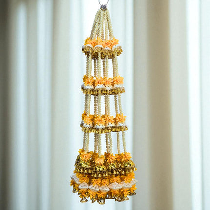 2 Pcs, 4.5 Ft Height Golden & Yellow Decorative Latkan | Festival, Mandir & Home Decoration, Handcrafted Diwali Latkan | Artificial Flower & Bead Hanging Décor | DW0002