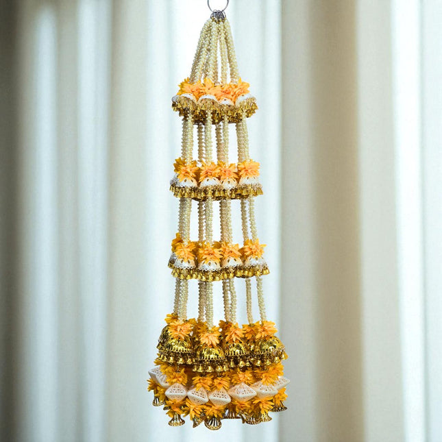 2 Pcs, 4.5 Ft Height Golden & Yellow Decorative Latkan | Festival, Mandir & Home Decoration, Handcrafted Diwali Latkan | Artificial Flower & Bead Hanging Décor | DW0002