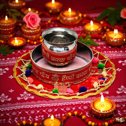 Karwa Chauth Puja Thali Set with Kalash & Channi, Decorative Pooja Thali for Karwachauth