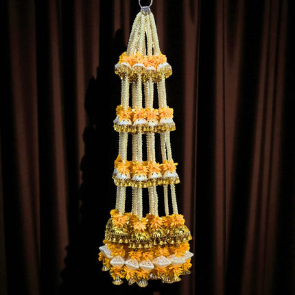2 Pcs, 4.5 Ft Height Golden & Yellow Decorative Latkan | Festival, Mandir & Home Decoration, Handcrafted Diwali Latkan | Artificial Flower & Bead Hanging Décor | DW0002