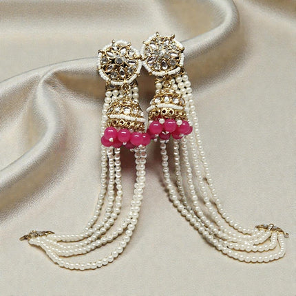 Pink Color Traditional Kundan & Pearls Bahubali Chain Jhumka Earring For Women & Girls