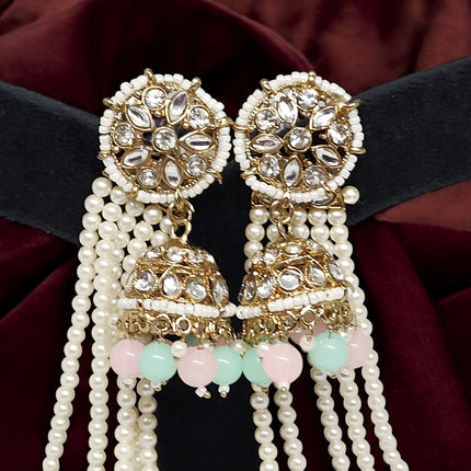 Multicolor Traditional Kundan & Pearls Bahubali Chain Jhumka Earring For Women & Girls