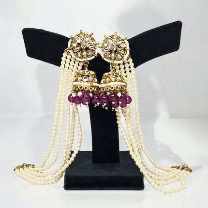 Wine Color Traditional Kundan & Pearls Bahubali Chain Jhumka Earring For Women & Girls