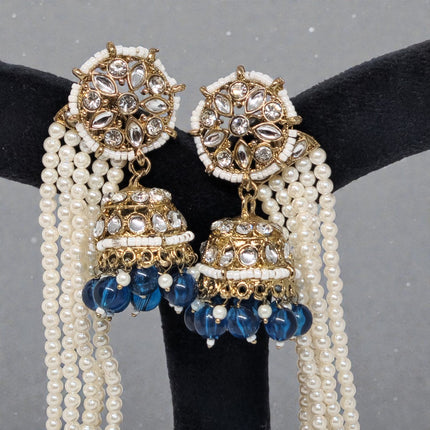Blue Color Traditional Kundan & Pearls Bahubali Chain Jhumka Earring For Women & Girls