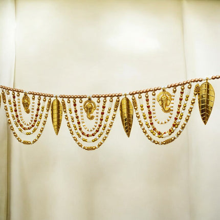 Decorative Beaded Toran with Golden Leaves & Ganesh Design, Door Hanging for Diwali, Navaratri, Festivals & Home Décor