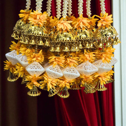 2 Pcs, 4.5 Ft Height Golden & Yellow Decorative Latkan | Festival, Mandir & Home Decoration, Handcrafted Diwali Latkan | Artificial Flower & Bead Hanging Décor | DW0002