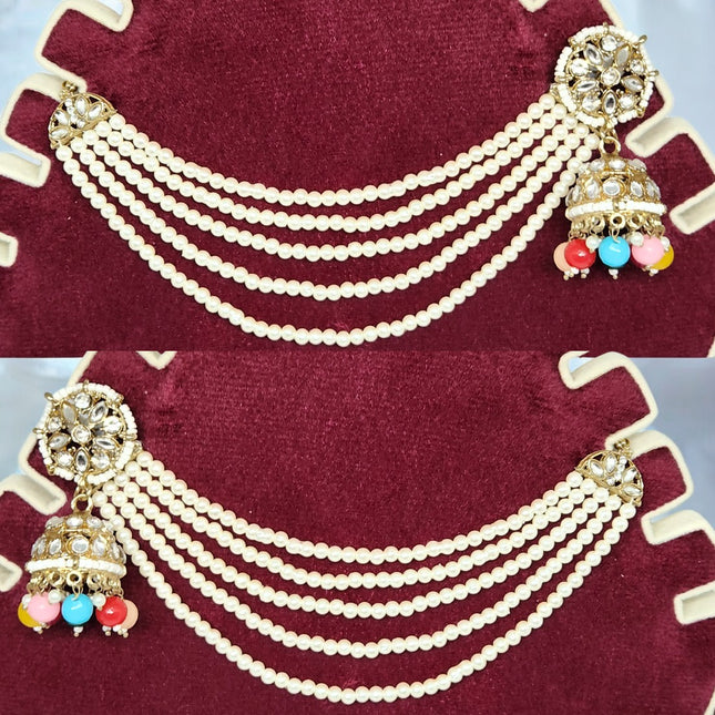 Multicolor Traditional Kundan & Pearls Bahubali Chain Jhumka Earring For Women & Girls