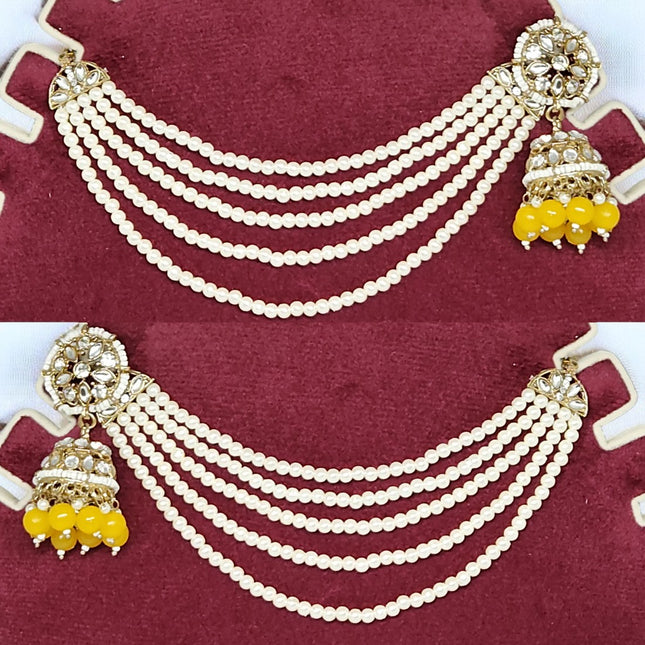 Yellow Color Traditional Kundan & Pearls Bahubali Chain Jhumka Earring For Women & Girls