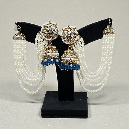 Blue Color Traditional Kundan & Pearls Bahubali Chain Jhumka Earring For Women & Girls