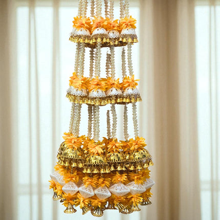 2 Pcs, 4.5 Ft Height Golden & Yellow Decorative Latkan | Festival, Mandir & Home Decoration, Handcrafted Diwali Latkan | Artificial Flower & Bead Hanging Décor | DW0002