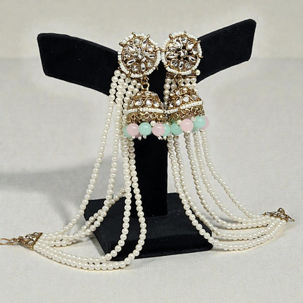 Multicolor Traditional Kundan & Pearls Bahubali Chain Jhumka Earring For Women & Girls