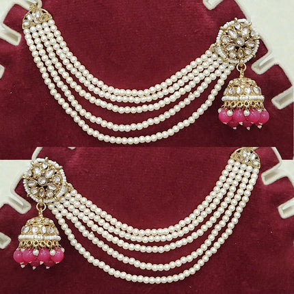 Pink Color Traditional Kundan & Pearls Bahubali Chain Jhumka Earring For Women & Girls