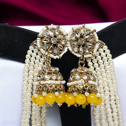 Yellow Color Traditional Kundan & Pearls Bahubali Chain Jhumka Earring For Women & Girls