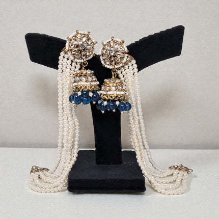Blue Color Traditional Kundan & Pearls Bahubali Chain Jhumka Earring For Women & Girls