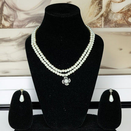 Elegant Pearl Necklace & Earrings Set for Women | Double Layer Pearl Choker with Bow Pendant