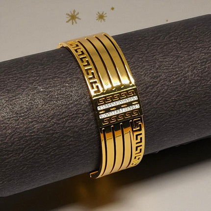 Elegant Anti-Tarnish Gold Plated Bracelet for Women | Stylish Cuff Bangle with Greek Design & Sparkling Stones | BG2061