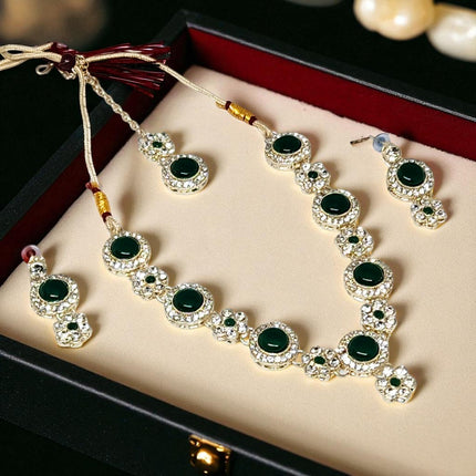 AjaraGems Designer Green Monalisa Necklace Set for Women, Traditional Jewelry with Tikka & Earrings