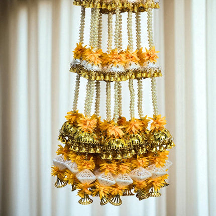 2 Pcs, 4.5 Ft Height Golden & Yellow Decorative Latkan | Festival, Mandir & Home Decoration, Handcrafted Diwali Latkan | Artificial Flower & Bead Hanging Décor | DW0002