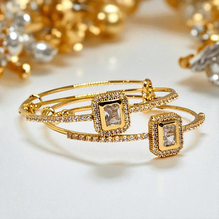 Elegant Gold-Plated Bangle Bracelet Set with Rectangular Stone – Party & Bridal Jewelry