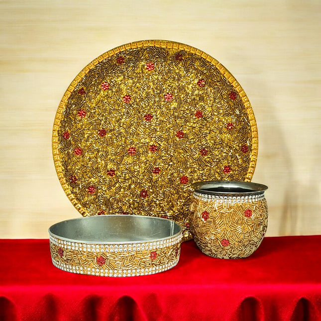 Premium Karva Chauth Thali Set for Pooja, Golden Handmade Work Thali with Lota & Chalni