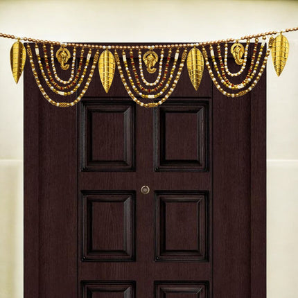 Decorative Beaded Toran with Golden Leaves & Ganesh Design, Door Hanging for Diwali, Navaratri, Festivals & Home Décor