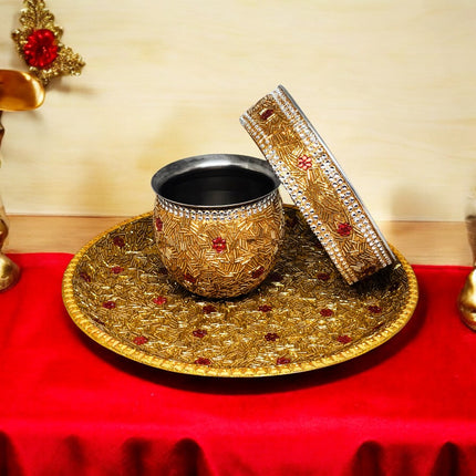 Premium Karva Chauth Thali Set for Pooja, Golden Handmade Work Thali with Lota & Chalni